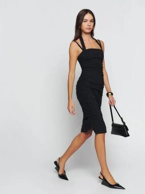 REFORMATION Hobin Black Square-Neck Ruched Midi Dress Ribbed Double Strap Medium